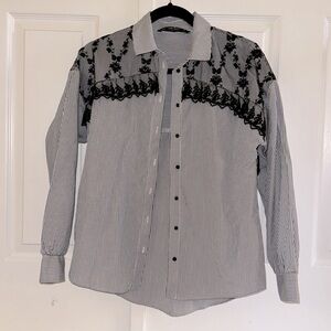NWOT Zara Oversized Navy Blue & White Striped with Black Lace Button Down Shirt